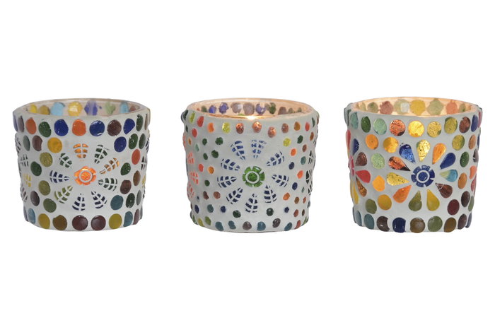 DKD Home Decor Portavelas de Cristal Mosaico Surtido 3 Unidades