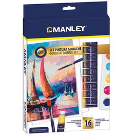 Tempera Gouache Manley Set De 16 (12X Pintura Gouache 12Ml, 2X Pinceles, 1X Paleta, 1X Bloc Dibujo)
