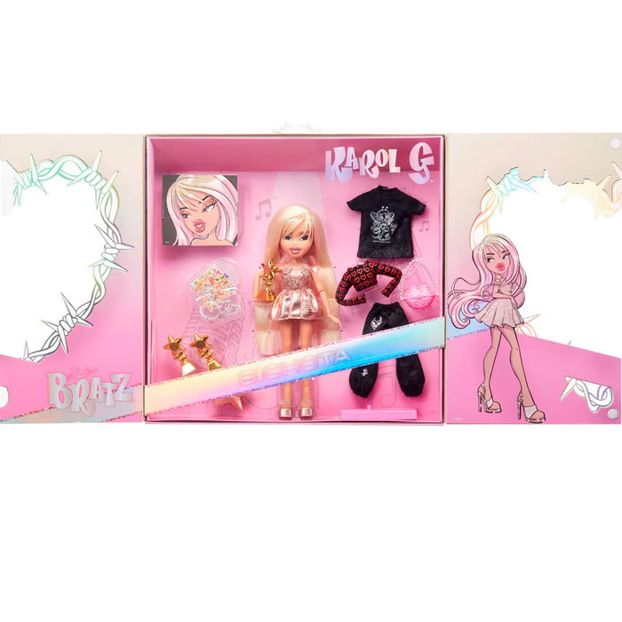 MGA 511519 Muñeca Bratz Celebrity Karol G con Vestido Camisero, Joggers, Mini Vinilo Álbum Mañana Será Bonito y Accesorios Glam