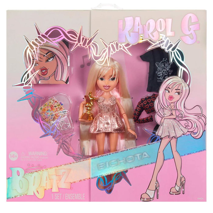 MGA 511519 Muñeca Bratz Celebrity Karol G con Vestido Camisero, Joggers, Mini Vinilo Álbum Mañana Será Bonito y Accesorios Glam