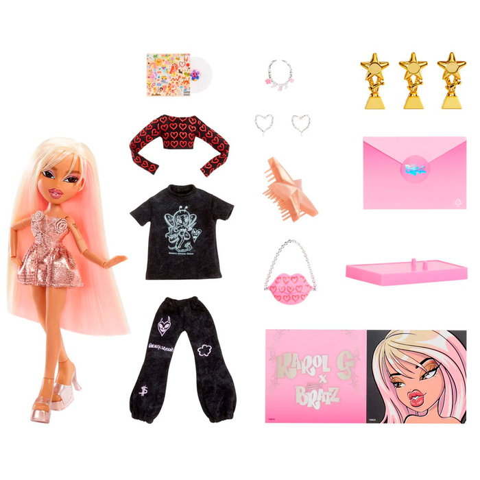 MGA 511519 Muñeca Bratz Celebrity Karol G con Vestido Camisero, Joggers, Mini Vinilo Álbum Mañana Será Bonito y Accesorios Glam