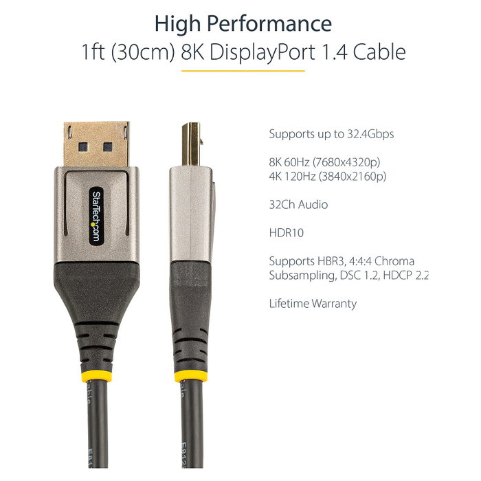StarTech.com Cable DisplayPort 1.4 de 30 cm 8K 60Hz HDR10 (DP14VMM1F)