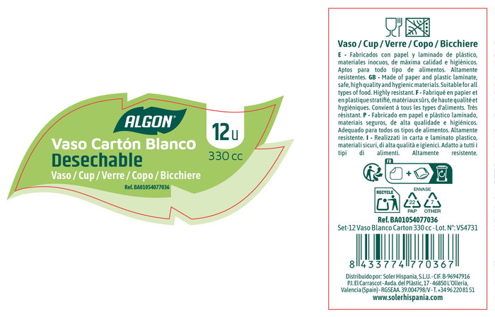 Algon Set 12 Vasos Blanco Cartón 330 cc (24 Unidades)