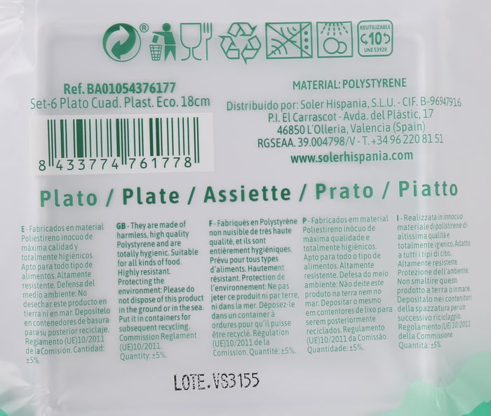 Algon Set 6 Platos Cuadrados Plástico Ecológico 18 cm (36 Unidades)