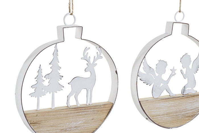 DKD Home Decor Decoracion Colgante Navidad Blanco Natural Metal Madera (6 Unidades) 2 x 15 x 14.5 cm