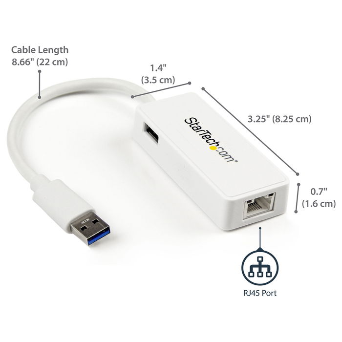 StarTech Adaptador de Red USB 3.0 a Gigabit Ethernet RJ45 de 1 Puerto con Puerto USB Extra - NIC Externa Plug and Play, Blanco