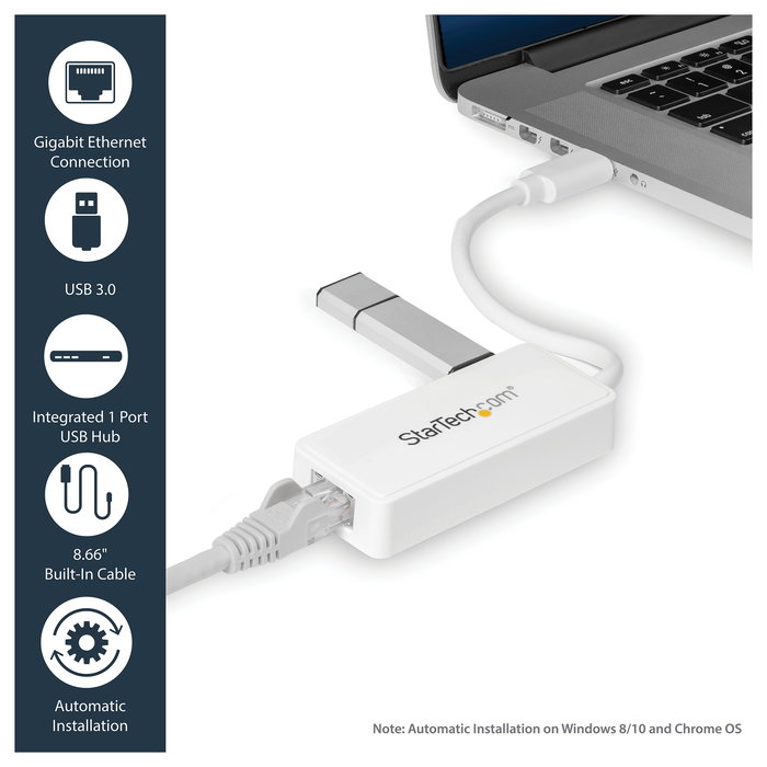StarTech Adaptador de Red USB 3.0 a Gigabit Ethernet RJ45 de 1 Puerto con Puerto USB Extra - NIC Externa Plug and Play, Blanco