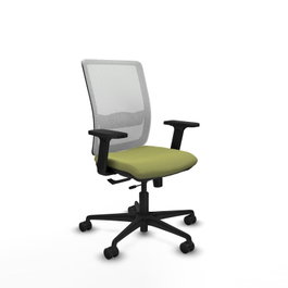 Silla de oficina Haches con mecanismo Sincro/Traslack tapizada con Tela color Verde oliva y malla color Blanco. Equipada con lumbar 1D, Brazos 2D y Ruedas 65mm nailon