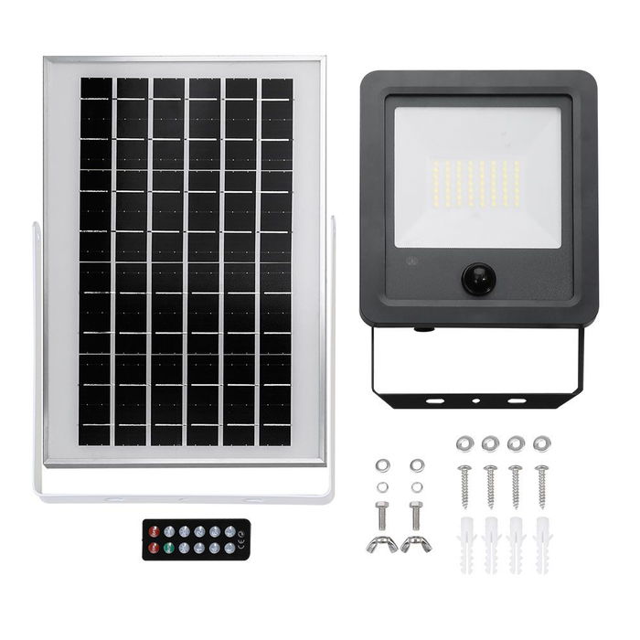 EDM Foco Proyector LED Solar 300W con Sensor de Movimiento, 3500 Lm Luz Fría 6500K, IP65, Mando a Distancia, Batería Recargable