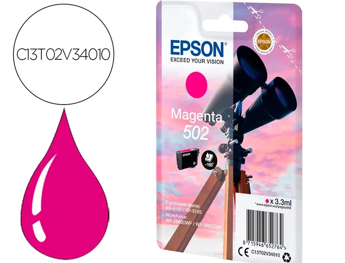Epson Cartucho de Tinta 502 Magenta (C13T02V34010) Singlepack de Rendimiento Estándar