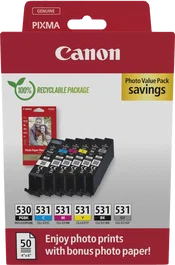 Canon Pgi 530 Cli 531 Pack 6 Colores de Tinta Ecopack (Negro, Cian, Magenta, Amarillo, Negro Pigmentado, Gris) y 50 Hojas Papel Fotografico 10x15