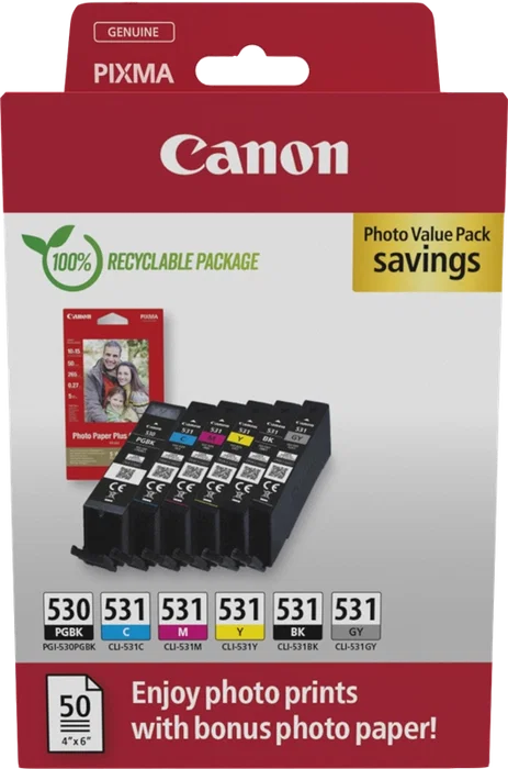 Canon PGI-530/CLI-531 Photo Value Pack de 6 piezas con papel fotográfico Canon PGI-530/CLI-531 Photo Value Pack de 6 piezas con papel fotográfico