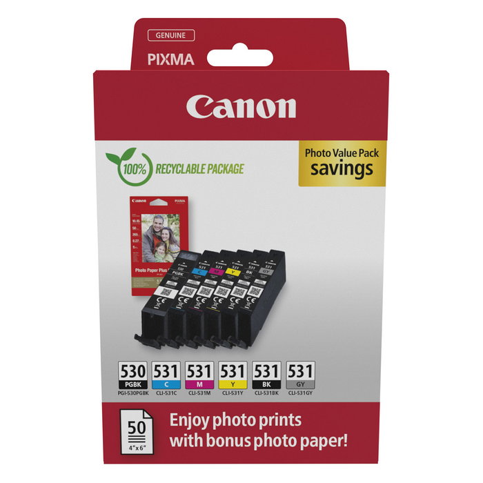 Canon PGI-530/CLI-531 Photo Value Pack de 6 piezas con papel fotográfico Canon PGI-530/CLI-531 Photo Value Pack de 6 piezas con papel fotográfico