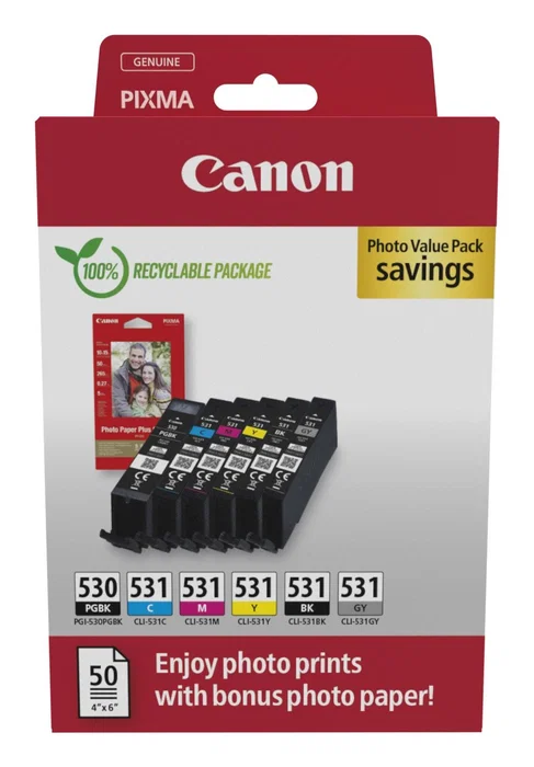 Canon PGI-530/CLI-531 Photo Value Pack de 6 piezas con papel fotográfico Canon PGI-530/CLI-531 Photo Value Pack de 6 piezas con papel fotográfico