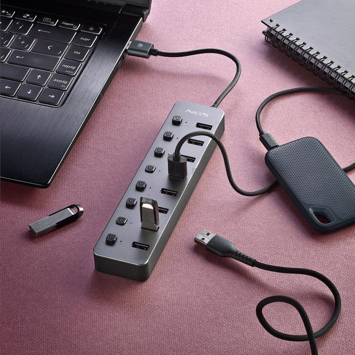 NGS Hub USB NGS IHUB8, 8 Puertos USB 3.0 con Carga BC1.2, Velocidad 5 Gbps, Gris, Plug and Play, Compatible con PC y Mac