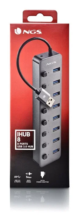 NGS Hub USB NGS IHUB8, 8 Puertos USB 3.0 con Carga BC1.2, Velocidad 5 Gbps, Gris, Plug and Play, Compatible con PC y Mac