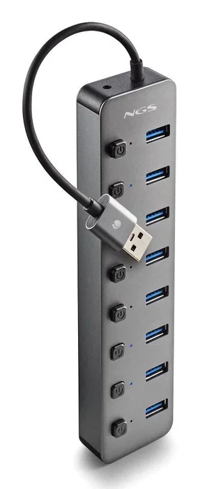 NGS Hub USB NGS IHUB8, 8 Puertos USB 3.0 con Carga BC1.2, Velocidad 5 Gbps, Gris, Plug and Play, Compatible con PC y Mac