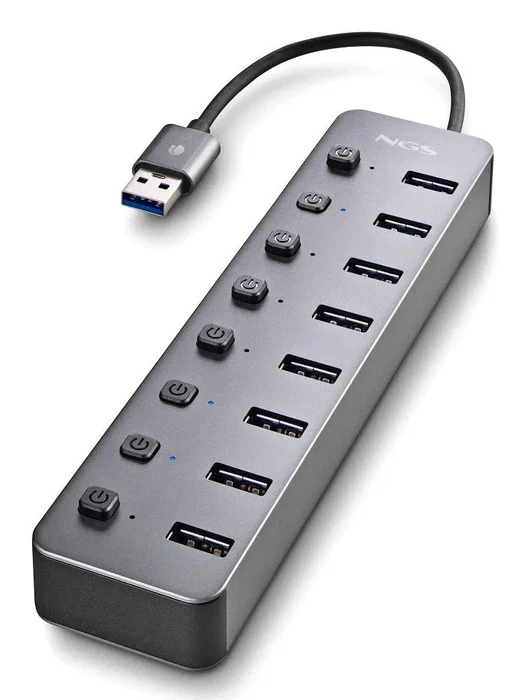 NGS Hub USB NGS IHUB8, 8 Puertos USB 3.0 con Carga BC1.2, Velocidad 5 Gbps, Gris, Plug and Play, Compatible con PC y Mac