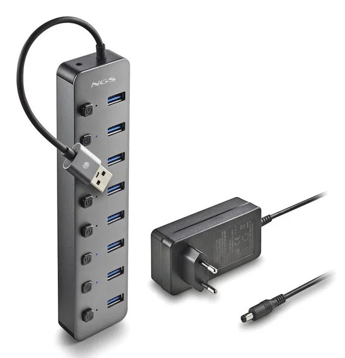 NGS Hub USB NGS IHUB8, 8 Puertos USB 3.0 con Carga BC1.2, Velocidad 5 Gbps, Gris, Plug and Play, Compatible con PC y Mac