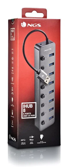 NGS Hub USB NGS IHUB8, 8 Puertos USB 3.0 con Carga BC1.2, Velocidad 5 Gbps, Gris, Plug and Play, Compatible con PC y Mac