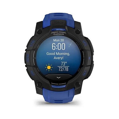 Garmin Instinct 3 Reloj Inteligente GPS AMOLED Negro 45 mm con Banda de Silicona Azul Bolt y Negro, Resistencia al Agua 10 ATM, Seguimiento de Actividad Multideporte