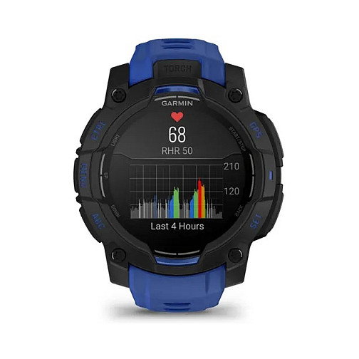 Garmin Instinct 3 Reloj Inteligente GPS AMOLED Negro 45 mm con Banda de Silicona Azul Bolt y Negro, Resistencia al Agua 10 ATM, Seguimiento de Actividad Multideporte