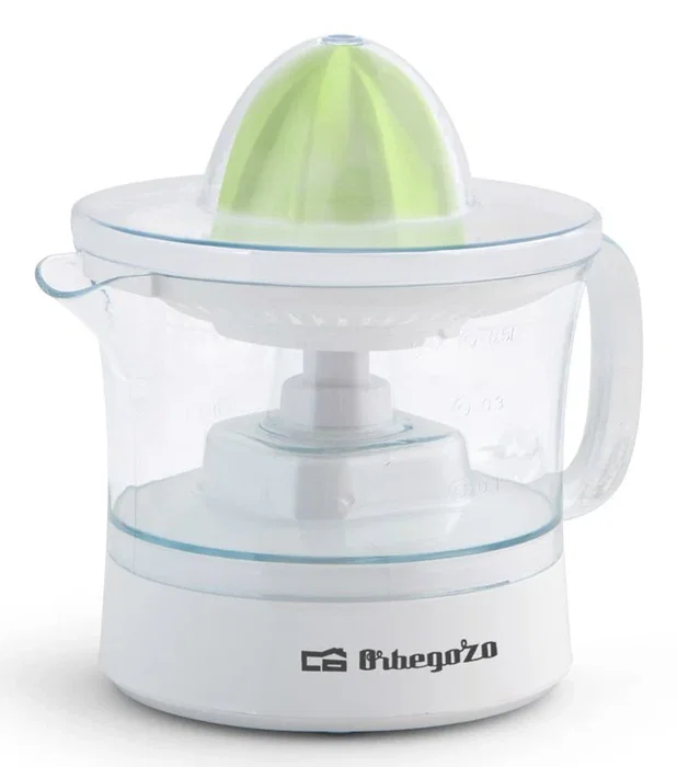 Orbegozo EP 1510 Exprimidor Eléctrico de Tomates, 25W, Capacidad 0.5L, Rotación Bidireccional, Incluye 2 Conos, Accesorios Lavavajillas, Color Verde Transparente y Blanco