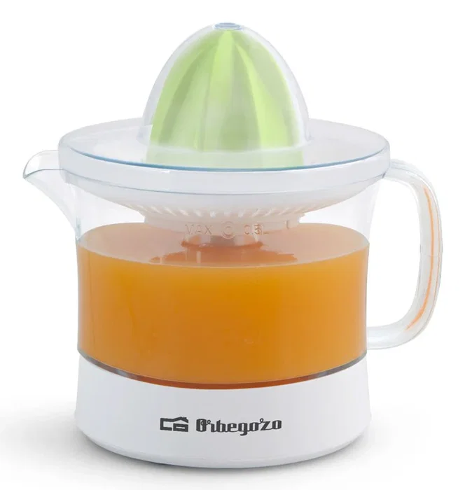 Orbegozo EP 1510 Exprimidor Eléctrico de Tomates, 25W, Capacidad 0.5L, Rotación Bidireccional, Incluye 2 Conos, Accesorios Lavavajillas, Color Verde Transparente y Blanco