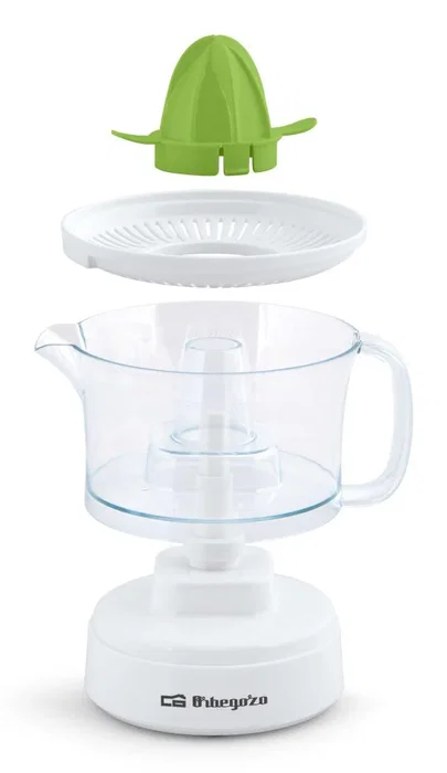 Orbegozo EP 1510 Exprimidor Eléctrico de Tomates, 25W, Capacidad 0.5L, Rotación Bidireccional, Incluye 2 Conos, Accesorios Lavavajillas, Color Verde Transparente y Blanco