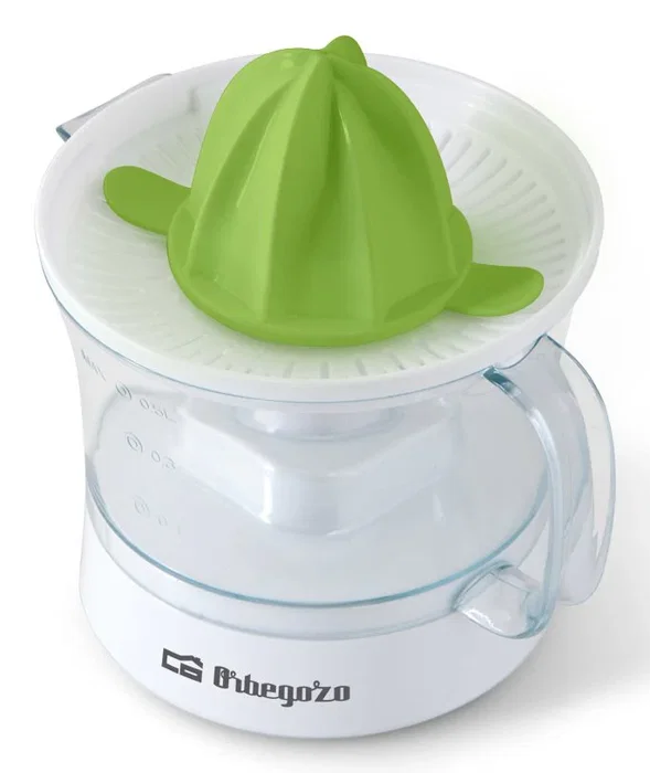 Orbegozo EP 1510 Exprimidor Eléctrico de Tomates, 25W, Capacidad 0.5L, Rotación Bidireccional, Incluye 2 Conos, Accesorios Lavavajillas, Color Verde Transparente y Blanco