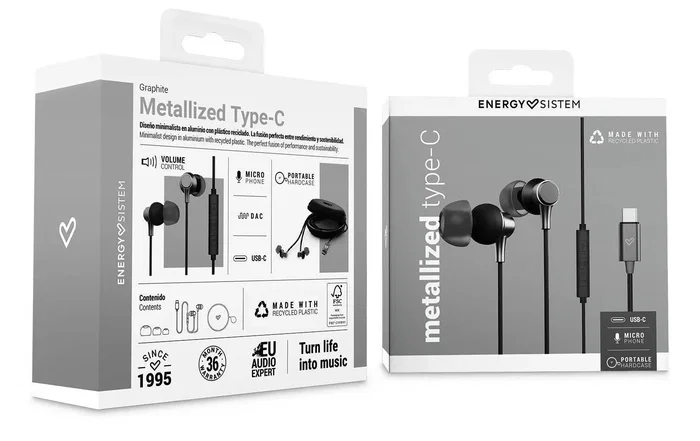 Energy Sistem Auriculares Metallized Type C Intrauditivos Alámbrico con Cable USB-C, Control Remoto de 3 Botones, Micrófono, Almohadillas, Aluminio y Plástico Reciclado, Negro/Gris