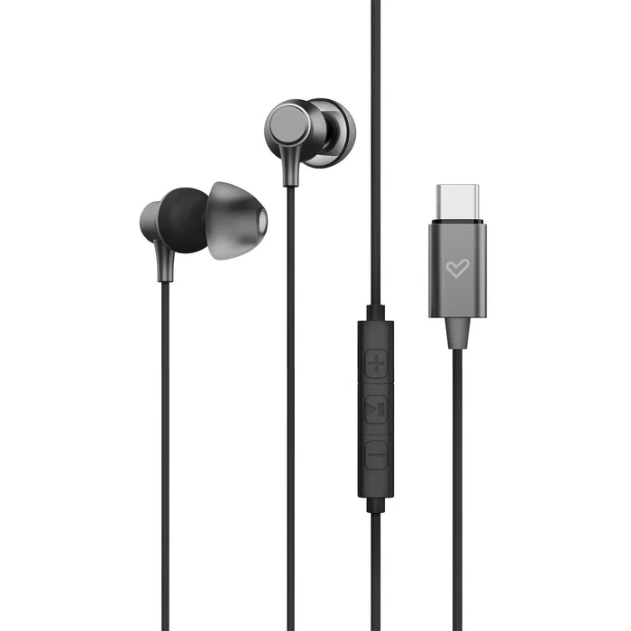 Energy Sistem Auriculares Metallized Type C Intrauditivos Alámbrico con Cable USB-C, Control Remoto de 3 Botones, Micrófono, Almohadillas, Aluminio y Plástico Reciclado, Negro/Gris
