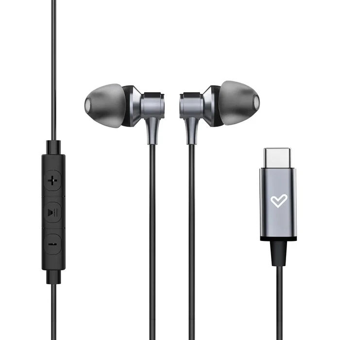 Energy Sistem Auriculares Metallized Type C Intrauditivos Alámbrico con Cable USB-C, Control Remoto de 3 Botones, Micrófono, Almohadillas, Aluminio y Plástico Reciclado, Negro/Gris
