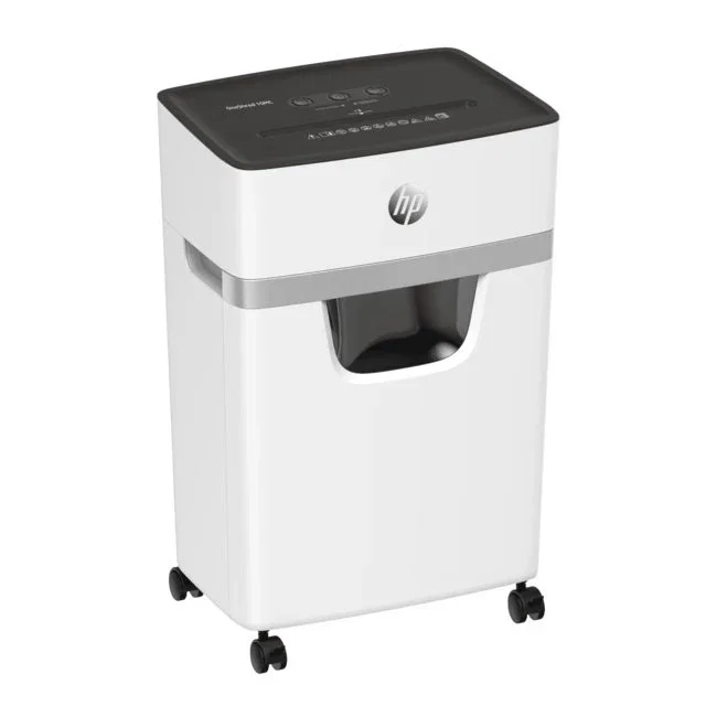 HP OneShred 10MC Destructora de Papel Microcorte, 22 cm, Nivel de Seguridad P-5, 10 Hojas, para Tarjetas de Crédito y Grapas, 65 dB, Cesta 20 L, Blanco