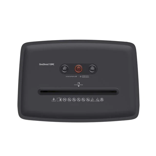 HP OneShred 10MC Destructora de Papel Microcorte, 22 cm, Nivel de Seguridad P-5, 10 Hojas, para Tarjetas de Crédito y Grapas, 65 dB, Cesta 20 L, Blanco