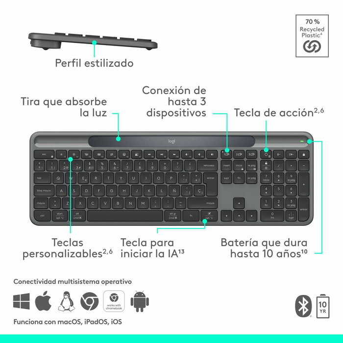 Logitech Signature Slim Solar+ K980 Teclado Solar Inalámbrico Bluetooth Grafito Español