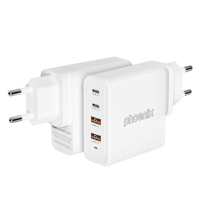 Phoenix technologies Cargador 100 W Gan USB Tipo C para Laptops, Tablets y Dispositivos Varios, 2 USB-C y 2 USB-A