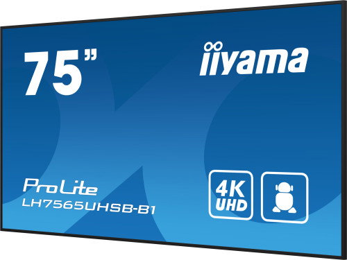 Iiyama LH7565UHSB-B1 Monitor Digital Signage 75" 4K UHD IPS, 800 cd/m², Panel Antirreflejos Haze 1%, Android 11, Wi-Fi, LAN, 24/7, VESA 600x400, para Comercios y Quioscos
