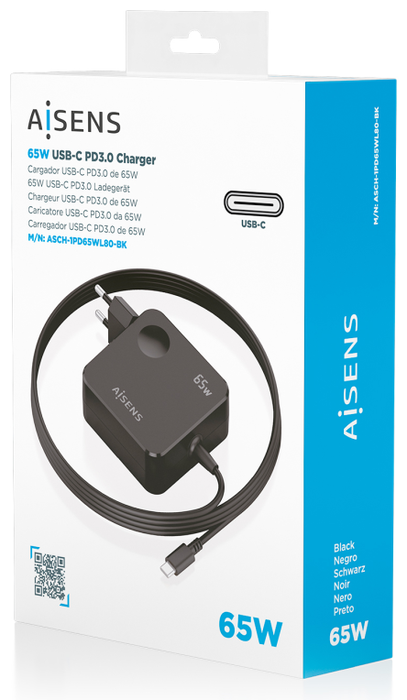 Aisens Cargador de Pared 65W PD3.0 USB-C con Cable 1.5m Negro ASCH-1PD65WL80-BK