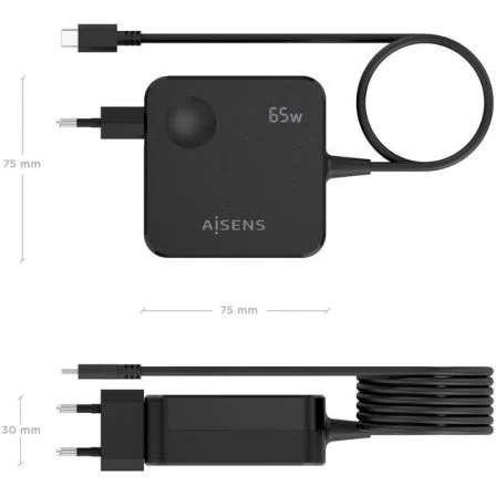 Aisens Cargador de Pared GaN 65W PD3.0 con PPS, 1 Puerto USB-C, Cable 1.5m, Negro, ASCH-1PD65WL80-BK
