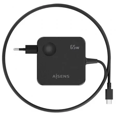 Aisens Cargador de Pared GaN 65W PD3.0 con PPS, 1 Puerto USB-C, Cable 1.5m, Negro, ASCH-1PD65WL80-BK