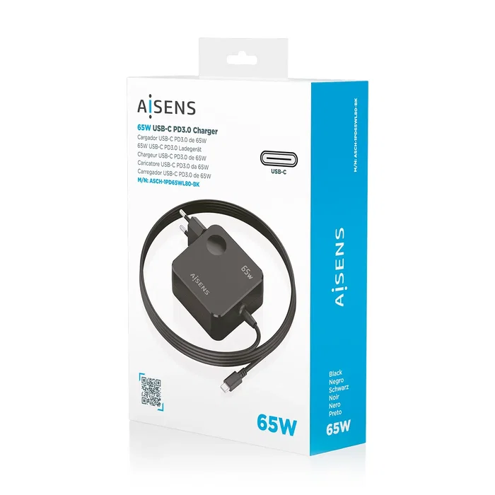 Aisens Cargador de Pared 65W PD3.0 USB-C con Cable 1.5m Negro ASCH-1PD65WL80-BK