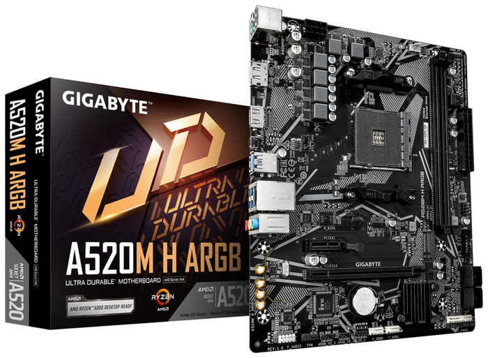 GIGABYTE A520M H ARGB Placa Base AM4 para AMD Ryzen Serie 5000, DDR4 hasta 5100 MHz (OC), M.2 PCIe 3.0 x4, LAN 1 GbE, USB 3.2 Gen 1