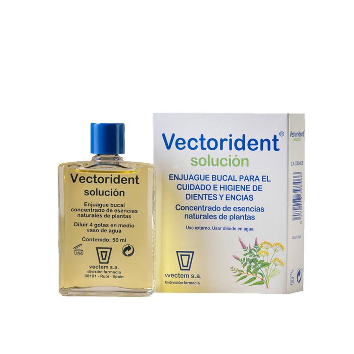 Vectorident VECTORIDENT Enjuague Bucal - Solución 50 ml para Aliento Fresco, Elimina Placa, Cuidado Encías con Aceites Esenciales Menta, Eucalipto y Mentol