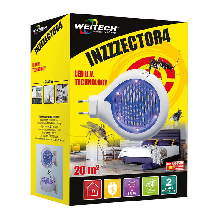 Weitech Trampa Inzzzector4 LED UV, Luz Ultravioleta Electrocuta Insectos 1.5W, Eficaz para Moscas y Mosquitos Tigre, Uso Interior 20 m²