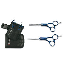Tres Claveles Juego Tijeras Peluquería Corte y Esculpir Dur Azul 5.5" Filo Suave Acero Inoxidable con Estuche y Cinturón