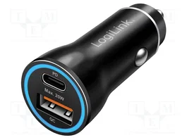 LogiLink Cargador de Coche 2 Puertos USB-A y USB-C QC18W & PD20W