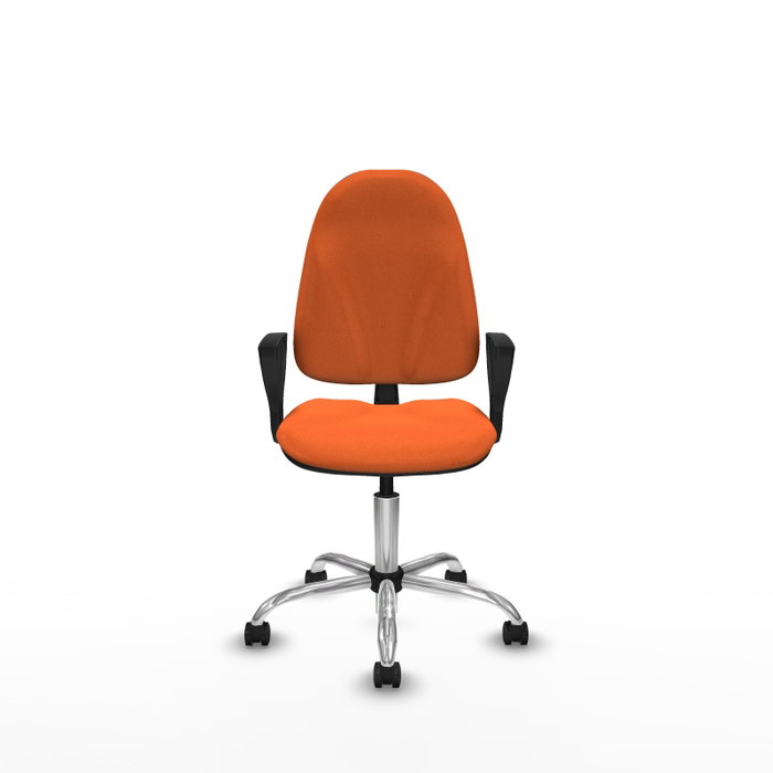 Silla de oficina Algarra con mecanismo Contacto permanente básico tapizada con Tela color Naranja. Equipada con Base cromada, Brazos fijos y Ruedas de parqué