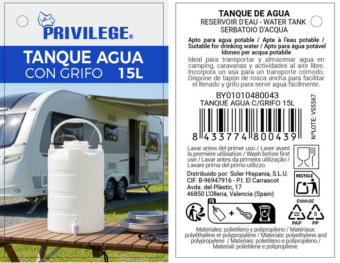 Privilege Tanque de Agua con Grifo 15L