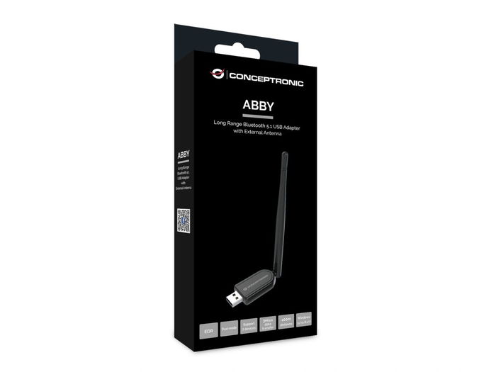 Conceptronic ABBY07B - Adaptador USB Bluetooth 5.1 Clase 1 con Antena de 2dBi, Rango 100m, Plug & Play para Windows 11/10/8.1